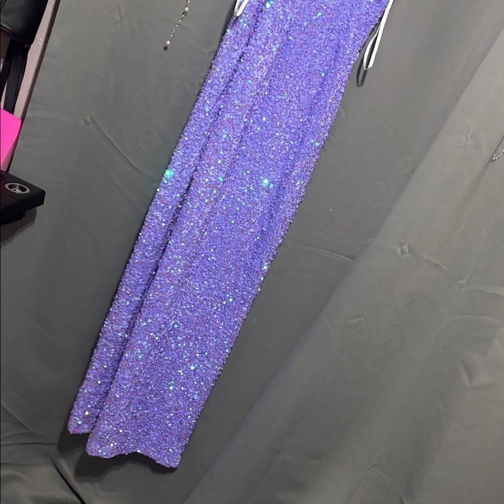 B.Smart Purple Sequin Spaghetti Strap Maxi Dress With V-Neck & Side Slit - Picture 6 of 9